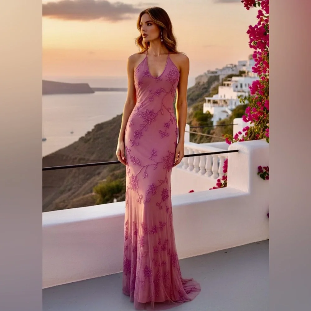 Elegant dusty Pink hand, beaded, designer Evening Gown can be worn‎ two ways